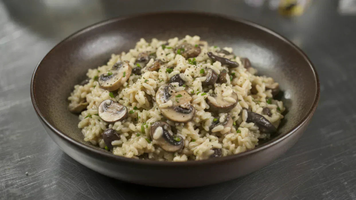 Schwarzer-Knoblauch-Risotto mit gegrillten Pilzen und Bärlauchöl