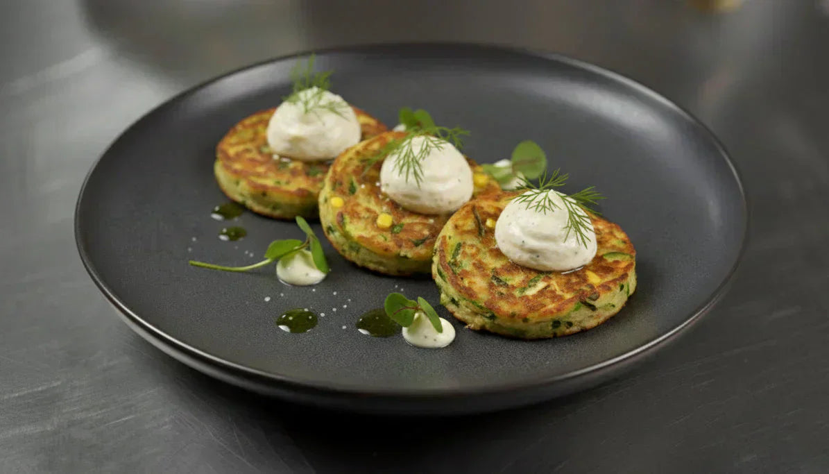 Knusprige Gemüseblinis mit säuerlicher Kräutersauce und Rauchkäsecreme