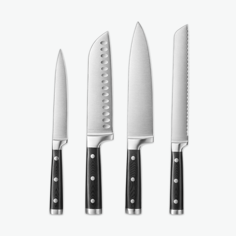 Classic Messerset – Signature: Universalmesser, Santokumesser, Kochmesser und Brotmesser nebeneinander