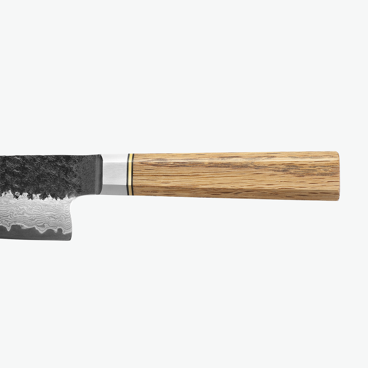 Achteckiger Griff aus Eiche mit Stahlring am Shōjin Kashi Kochmesser, von der Seite