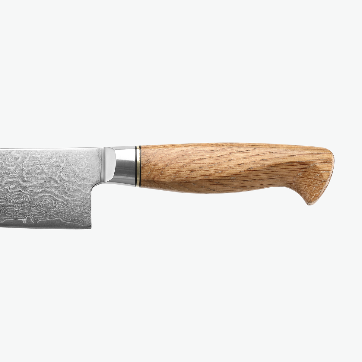 Skulpturaler Griff aus Eiche und Übergang zur Klinge des Shōjin Kaku Gyuto-Kochmessers, von der Seite