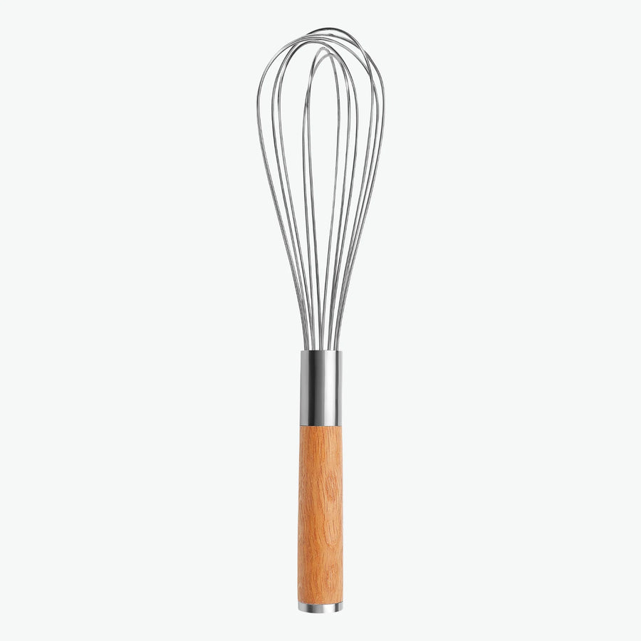 26,5 cm langer Schneebesen aus Edelstahl mit Griff aus Eiche, von vorn #Material_Eiche
