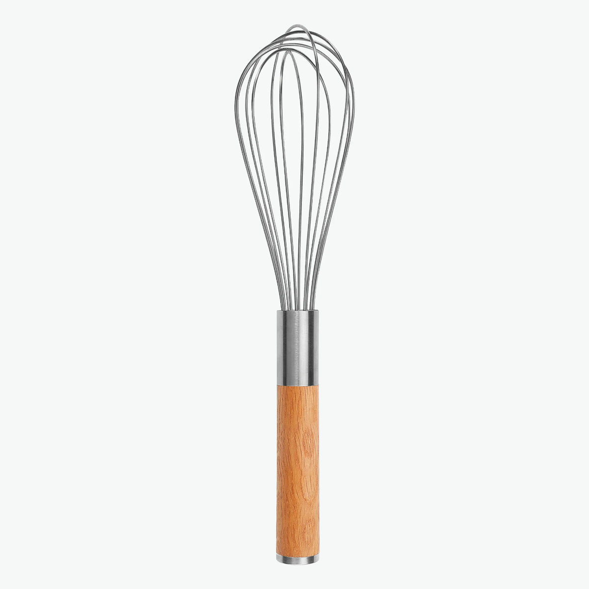 25 cm langer Schneebesen aus Edelstahl mit Griff aus Eiche, von vorn