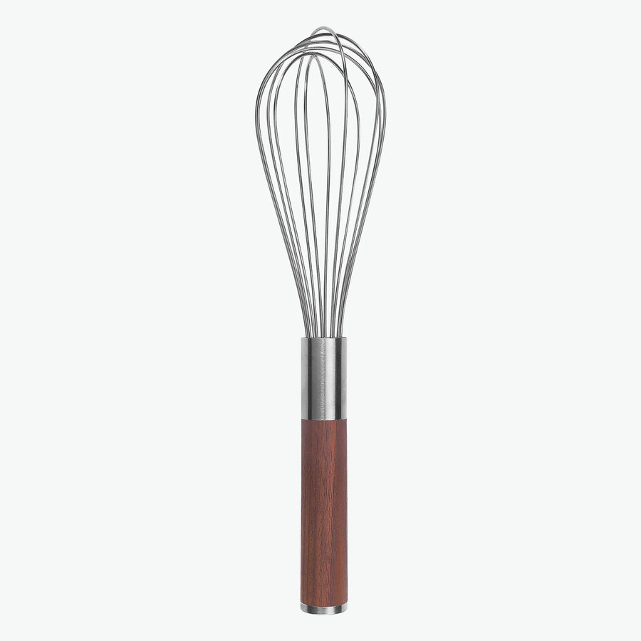 25 cm langer Schneebesen aus Edelstahl mit Griff aus Walnuss, von vorn