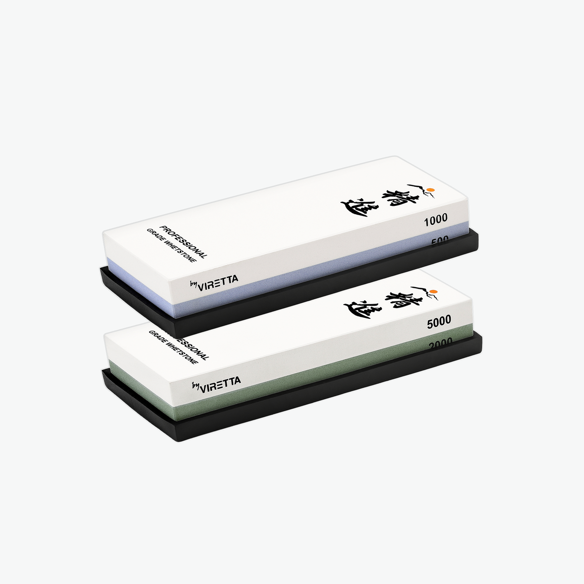 Shōjin Schleifstein – Duo-Set: 500/1000 und 2000/5000 auf Gummibasen, schräg von vorn