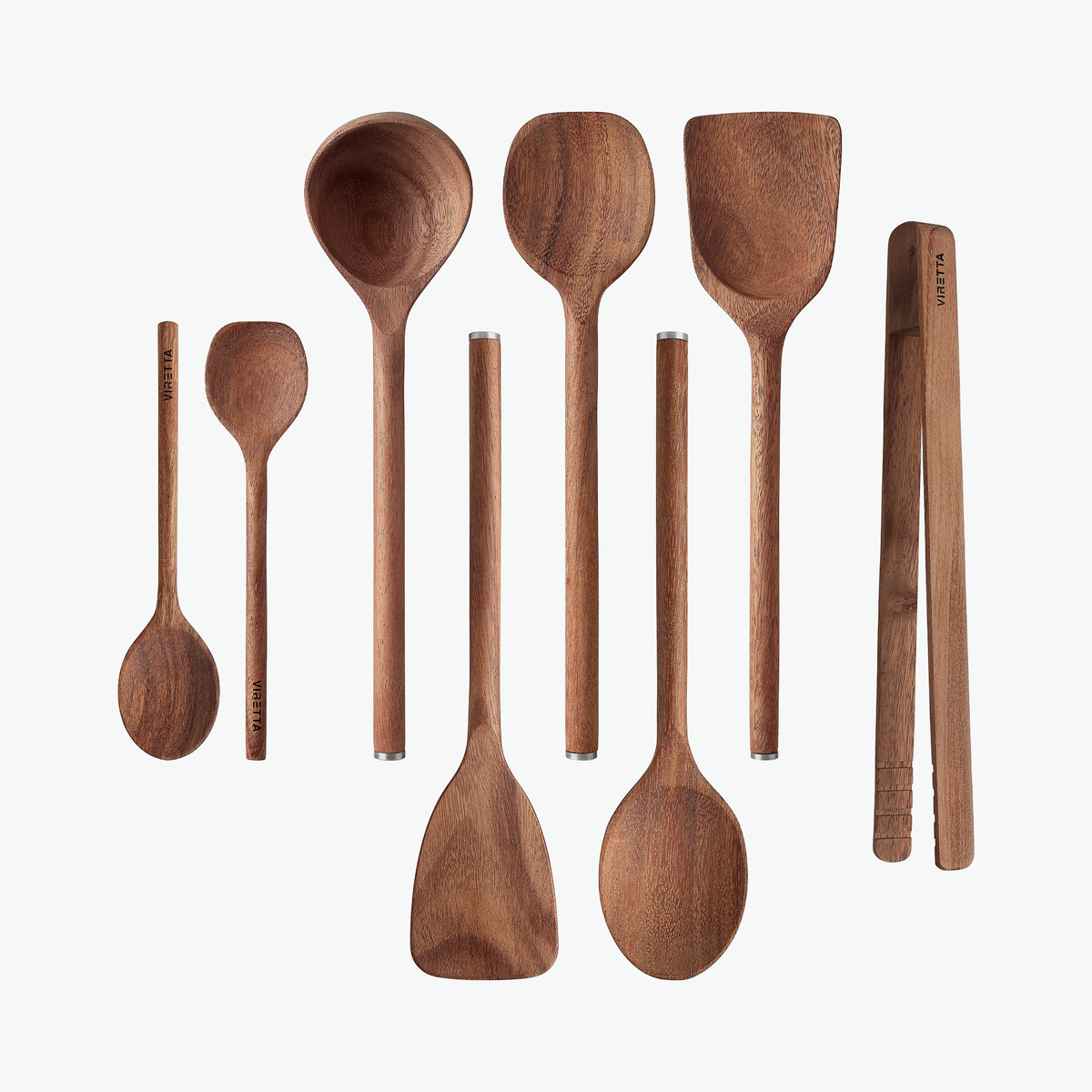 Das Chef-Set aus Walnuss mit Löffeln, Pfannenwendern und Küchenzange, von oben