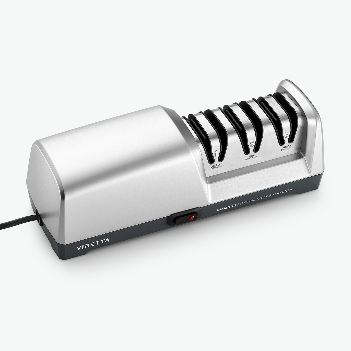 Elektrischer Messerschärfer in Silber, schräg von vorn