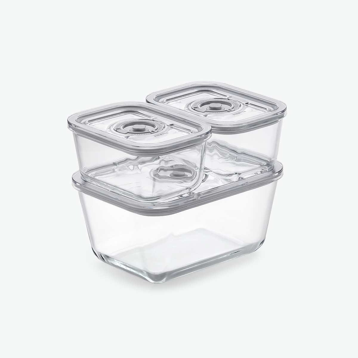 Großes Starterset mit Vakuumbehältern aus Glas, zusammengestellt, schräg von vorn