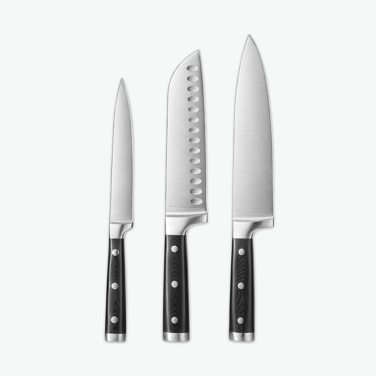 Classic Messerset – Trio: Universalmesser, Santokumesser und Kochmesser nebeneinander