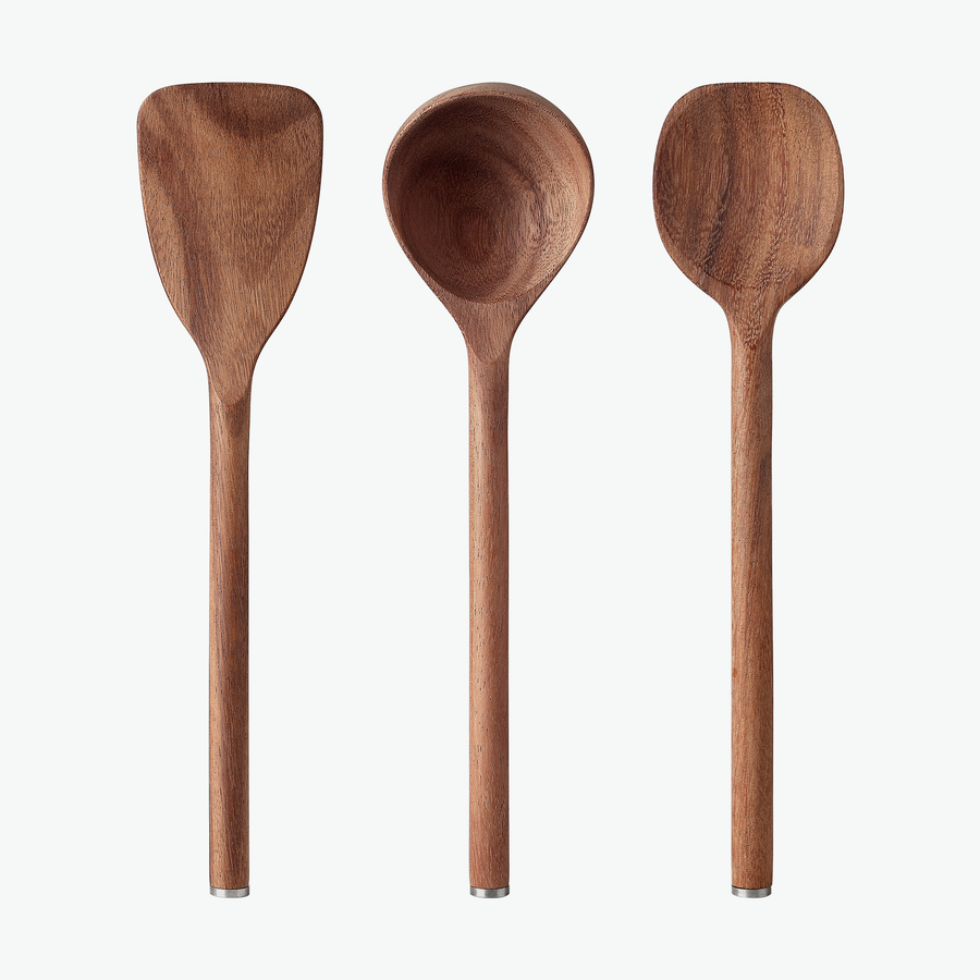 Das Trio-Set aus Walnuss mit Pfannenwender, Schöpfkelle und Kochlöffel, von oben