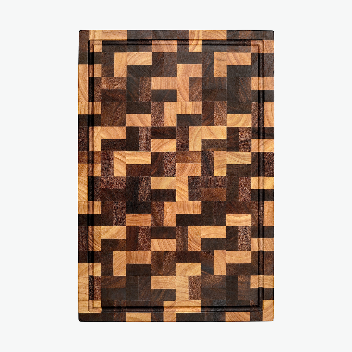 Hirnholz-Schneidebrett mit Saftrille, groß (45 × 30 cm), von oben, mit Blockmuster aus Akazie und Gummibaum