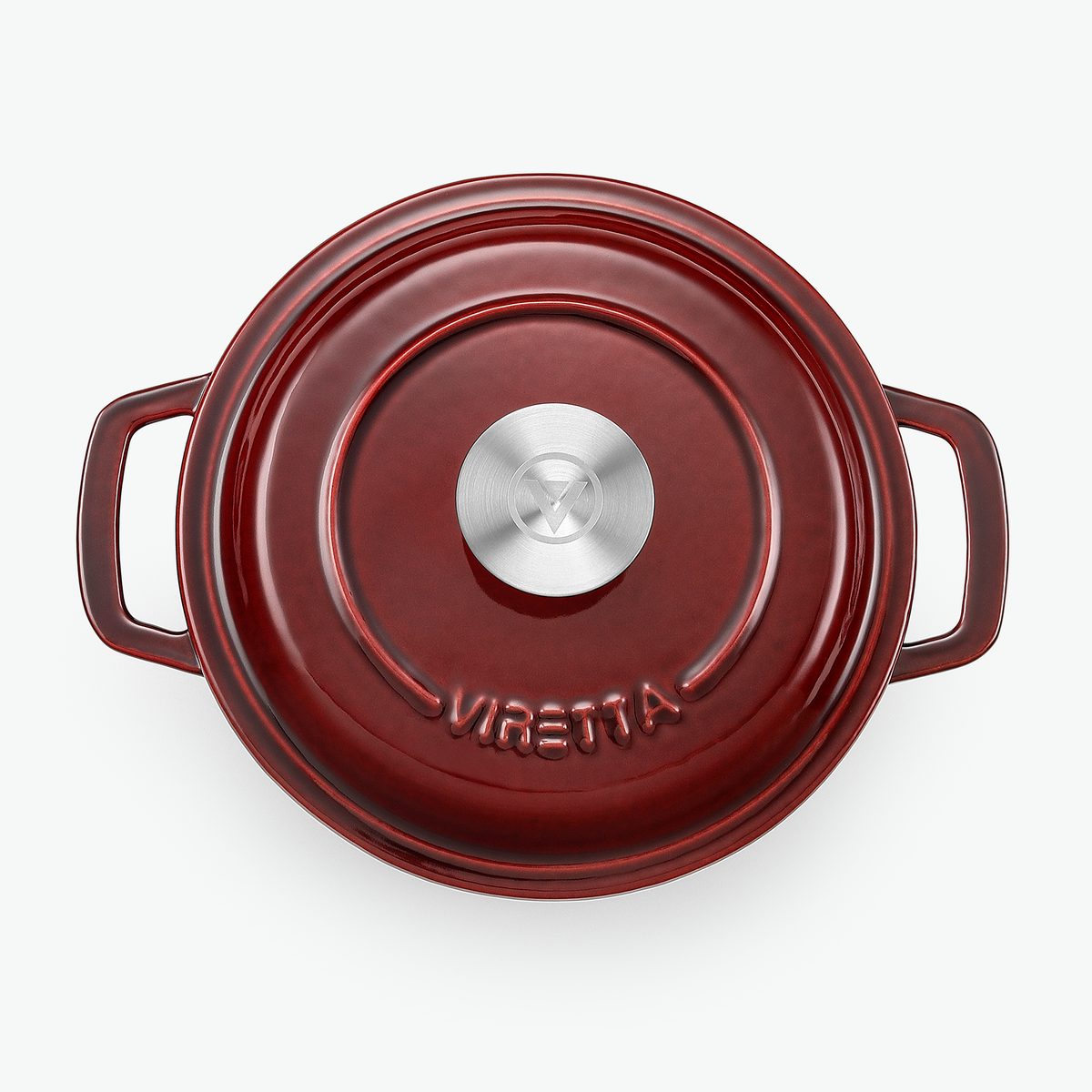 Deckel des Gusseisentopfs in Johannisbeerrot mit Edelstahlknauf und geprägtem Logo, von oben