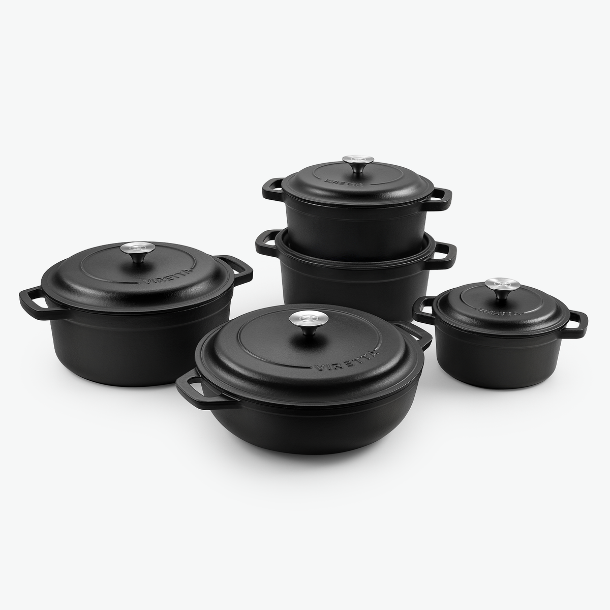 Emailliertes Gusseisen-Topfset Gourmet – 5-teilig in Schieferschwarz, zusammengestellt, schräg von vorn