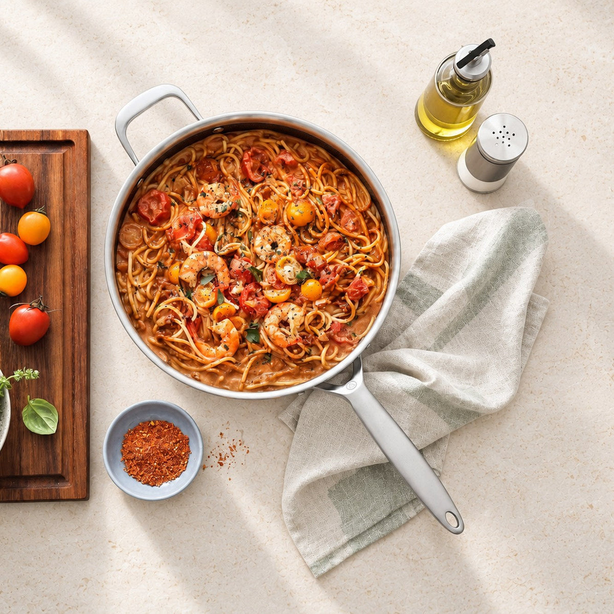 Spaghetti mit Garnelen und Tomaten in einer Sautierpfanne aus 3-Ply Hybrid, von oben