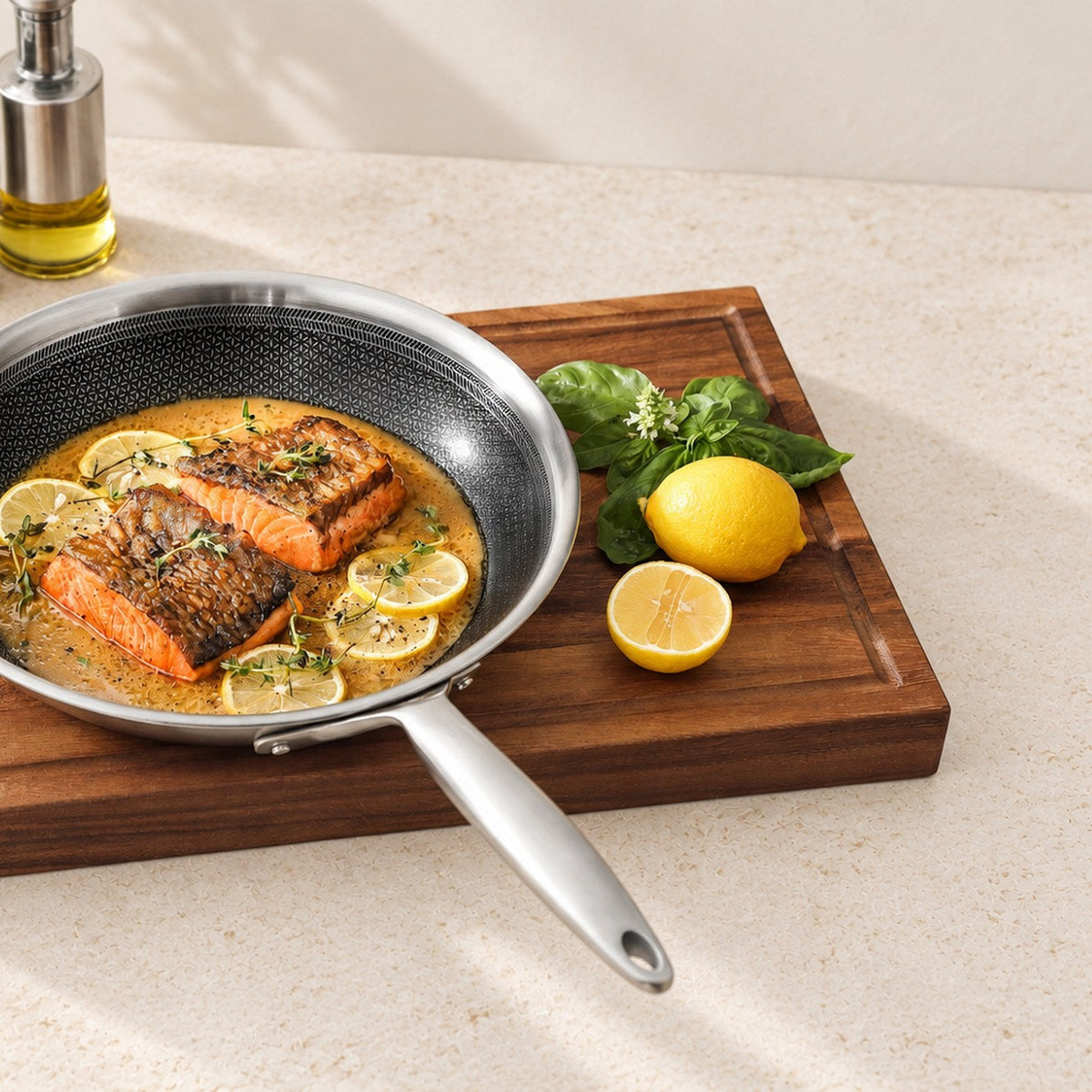 Lachs mit Zitrone in einer Bratpfanne aus 3-Ply Hybrid auf einem Schneidebrett