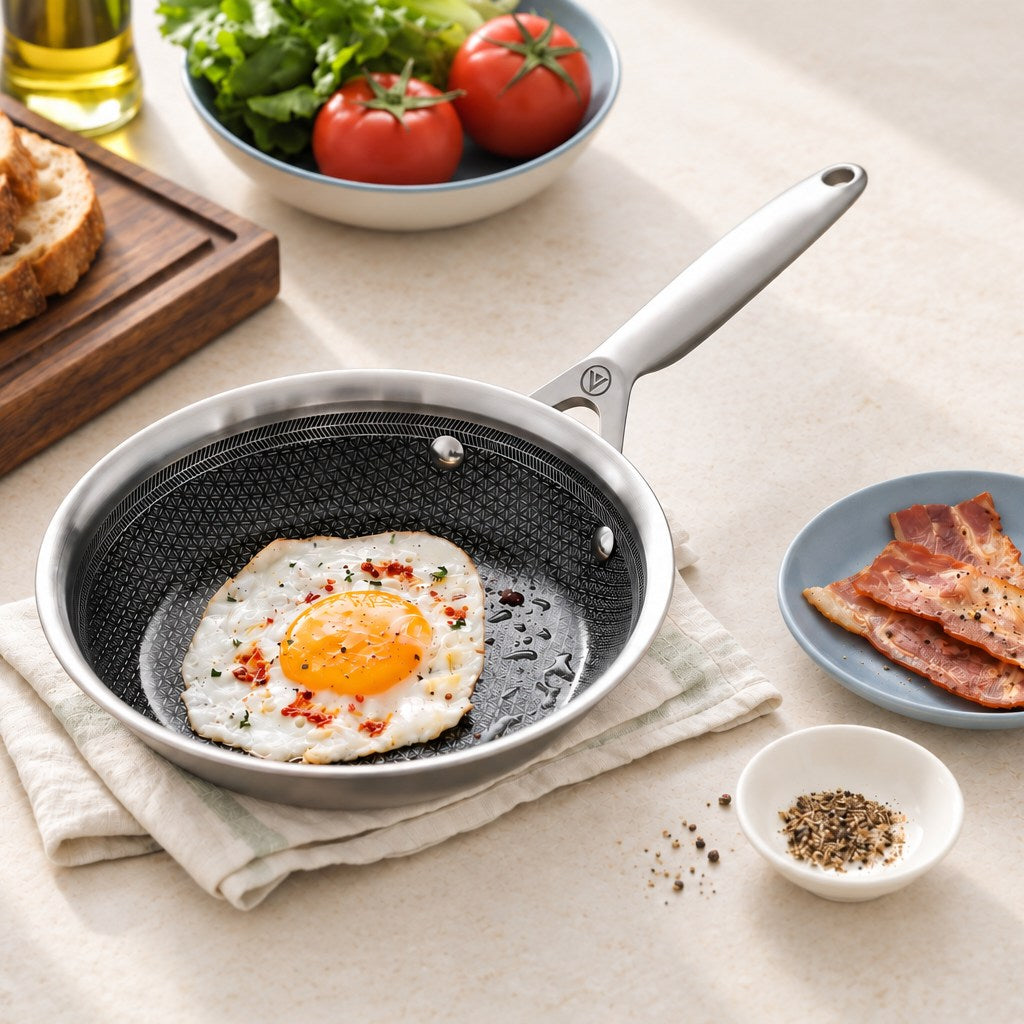 Spiegelei in einer Bratpfanne aus 3-Ply Hybrid, dazu Bacon und Brot, auf hellem Stein