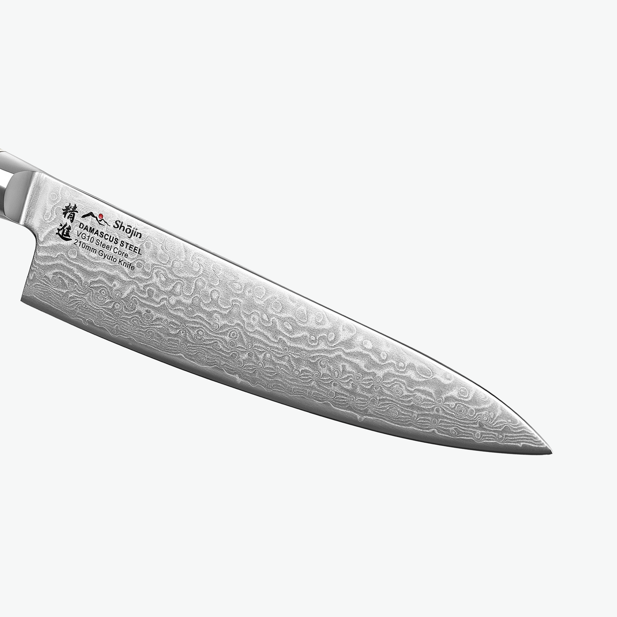 Damastmuster auf der Klinge des Shōjin Kaku Gyuto-Kochmessers, Nahaufnahme