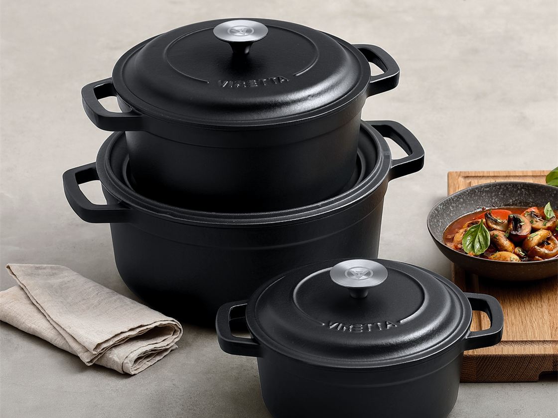 Drei schwarze emaillierte Gusseisentöpfe mit Deckel auf einer Arbeitsplatte